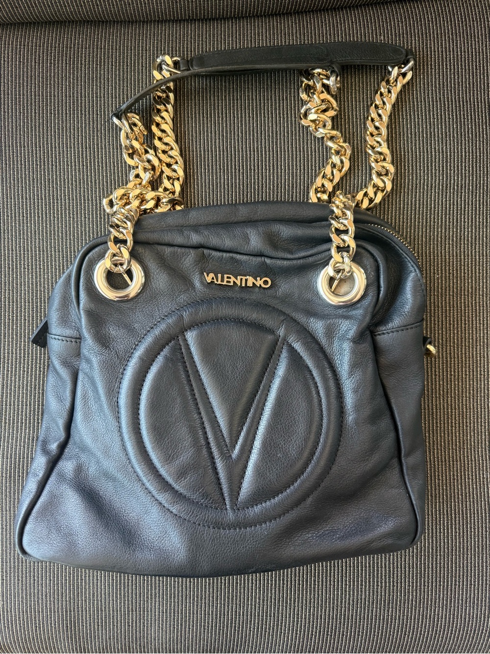 Valentino by Mario Valentino Black Leather Shoulder Bag with Gold Chain